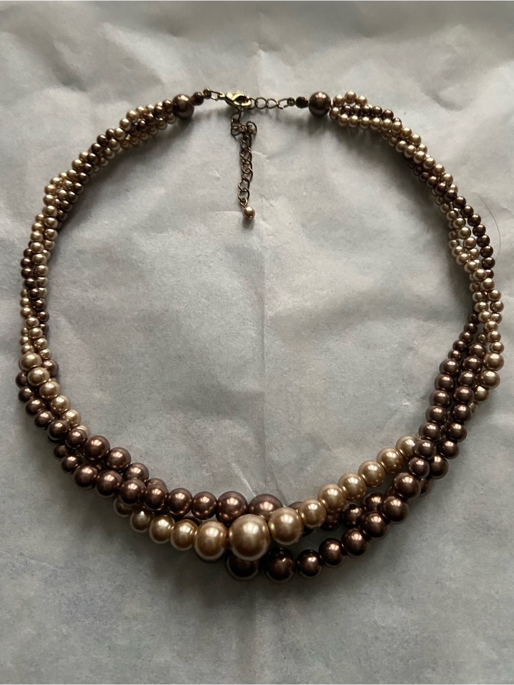 Bronze Champagne Faux Pearl Twisted Multi Strand Beaded Necklace 17"